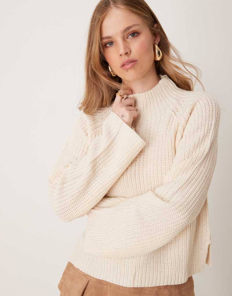 JDY high neck sweater with side slit in cream Jdy