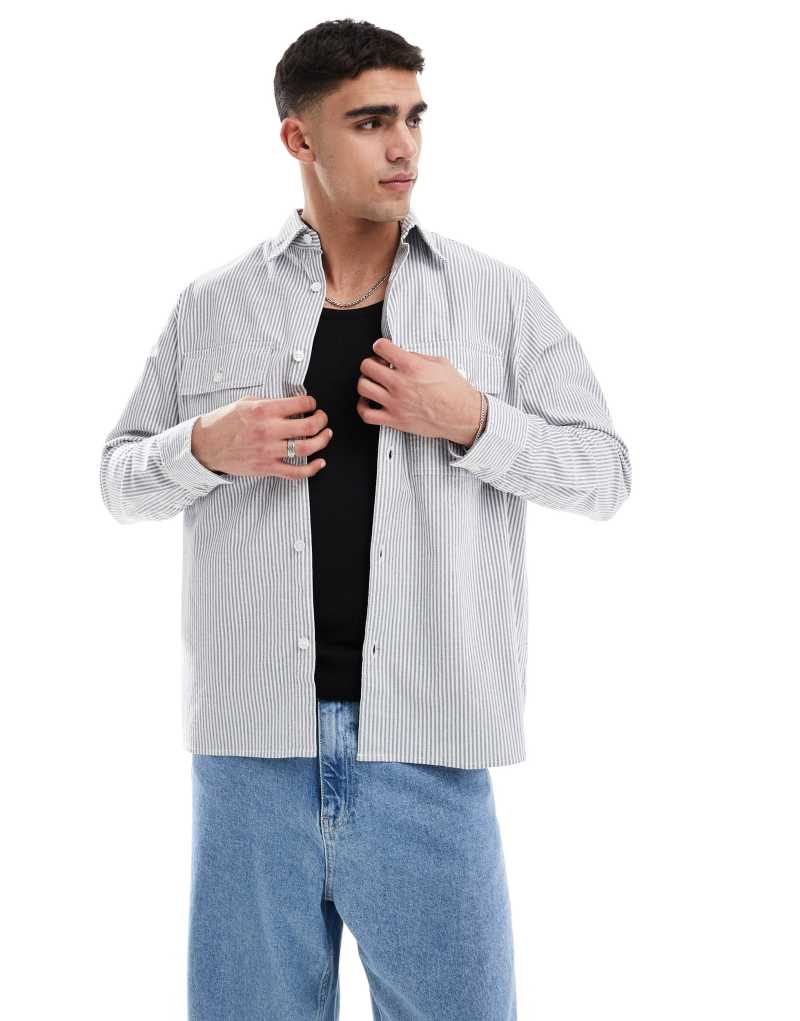 Синяя рубашка-overshirt с полосками Jack & Jones с длинными рукавами и стандартным кроем Jack & Jones