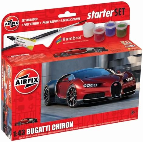 Airfix Starter Set Model Kit Car - A55005 Bugatti Chiron - 1:43 Scale Plastic Model Car Kits, Model Cars to Build and Paint for Adults & Kids 14+, Includes Paints - Mens Hobbies Kits, Skill Lvl. 1 Airfix