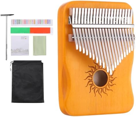 MECCANIXITY 21 Keys Thumb Piano, Yellow Mini Portable Finger Piano Maple Wood Sun Pattern with Protective Bag, Tune Hammer, Sheet Music Study Instruction for Gift Adults Beginners Meccanixity