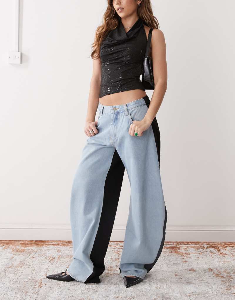 Lioness barrel leg jeans in black and blue contrast Lioness