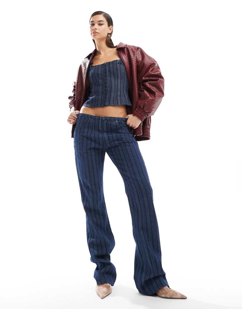 Lioness denim low rise flared leg jeans in dark blue pinstripe - part of a set Lioness