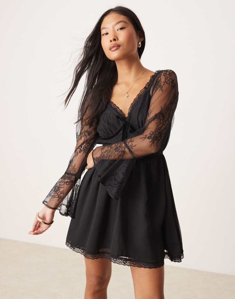 Miss Selfridge Petite lace and chiffon mix mini dress in black Miss Selfridge