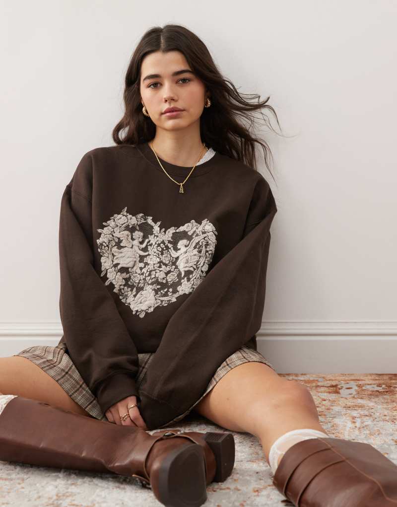 Miss Selfridge angel tapestry oversized sweater in brown Miss Selfridge