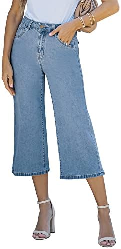 Vetinee Wide Leg Capri Jeans for Women High Waisted Stretch Cropped Baggy Denim Capris Dressy Pants Vetinee