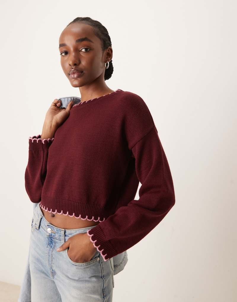 Miss Selfridge blanket stitch sweater in burgundy Miss Selfridge