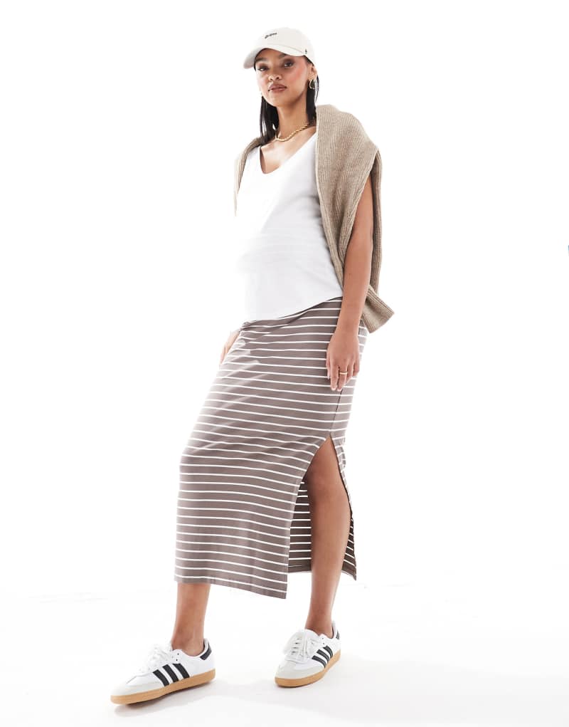 Mamalicious Maternity jersey over the bump maxi skirt in taupe stripe Mamalicious