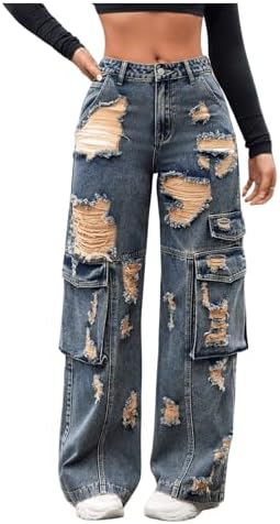 Women's High Waist Denim Pants Cargo Pockets Straight Leg Ripped Distressed Y2k Jeans Beaudrm