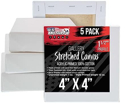 U.S. Art Supply 4 x 4 inch Gallery Depth 1-1/2" Profile Stretched Canvas, 5-Pack - 12-Ounce Acrylic Gesso Triple Primed, Professional Artist Quality, 100% Cotton - Acrylic Pouring, Oil Painting U.S. Art Supply