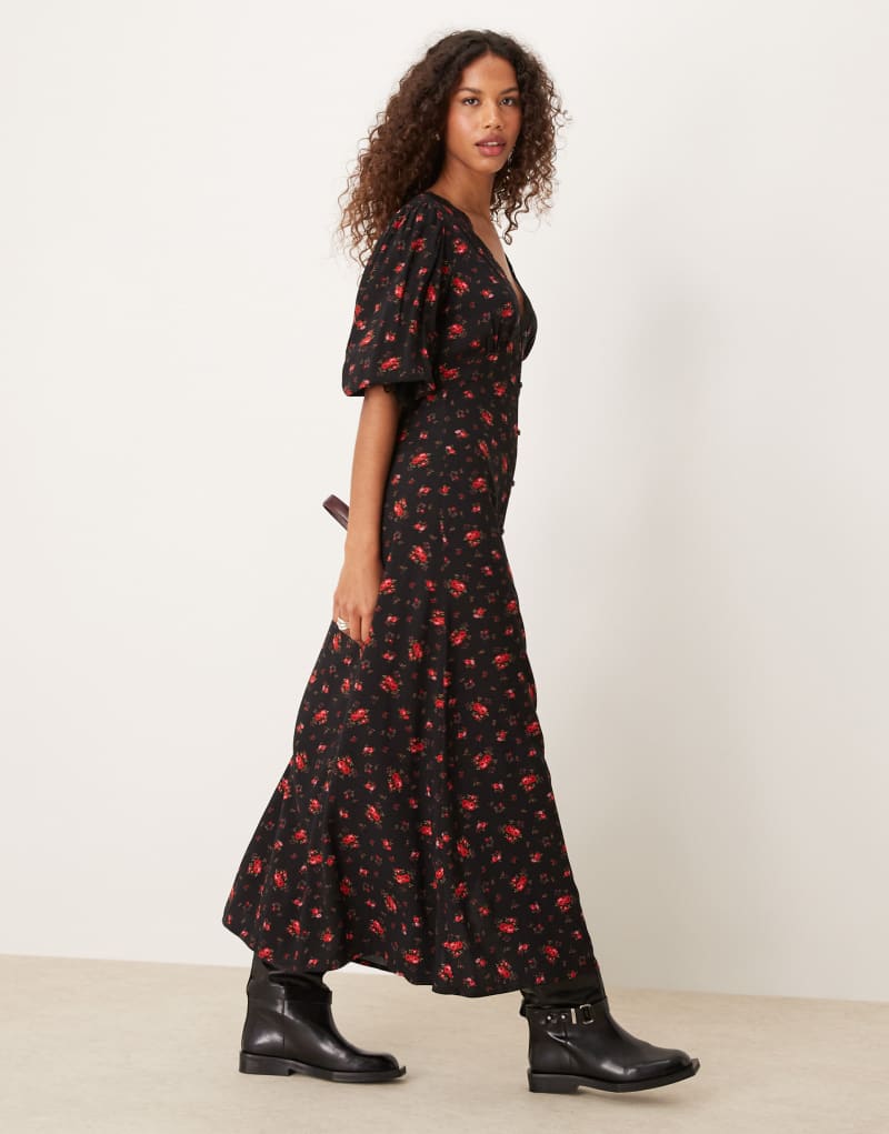 Miss Selfridge lace trim button through maxi dress in black rose print Miss Selfridge