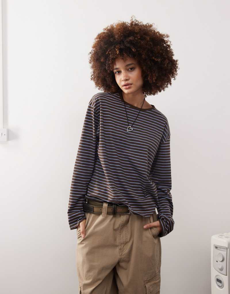 Monki long sleeved top in brown & blue stripe Monki