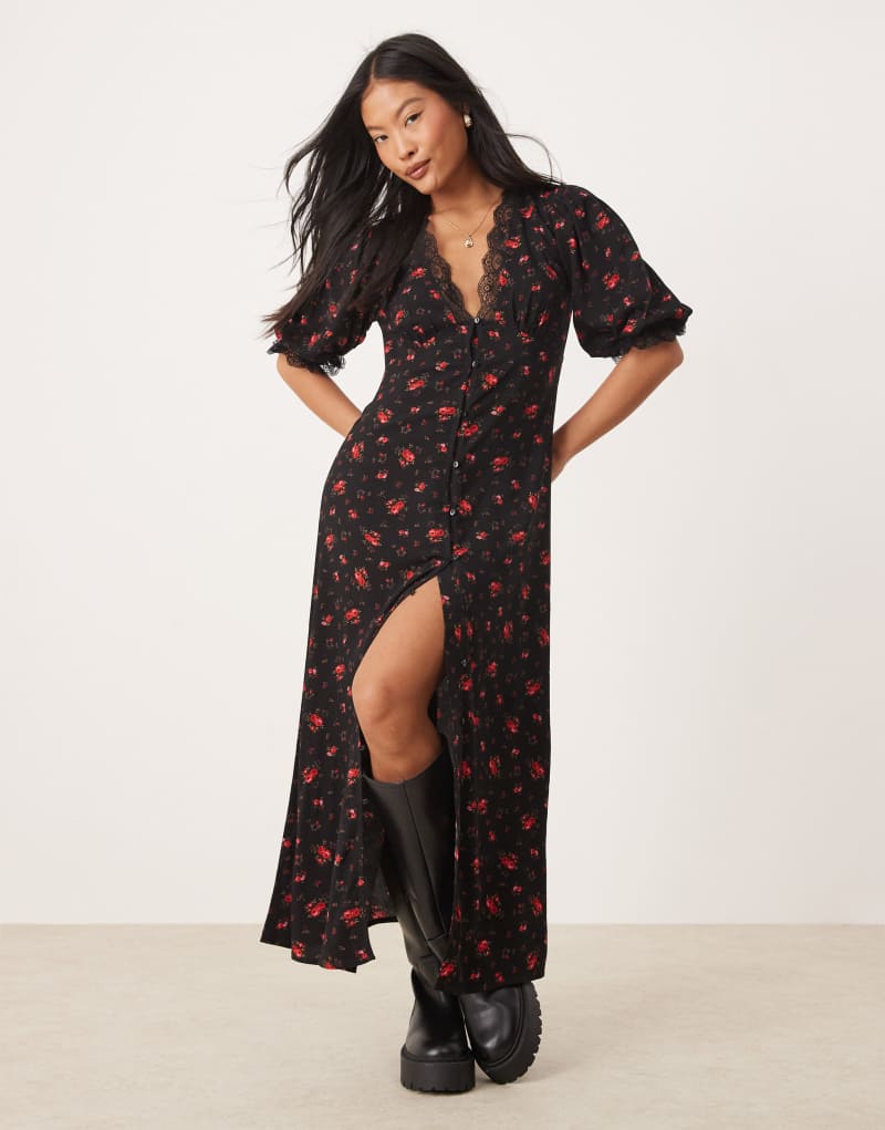 Miss Selfridge Petite lace trim button through maxi dress in black rose print Miss Selfridge