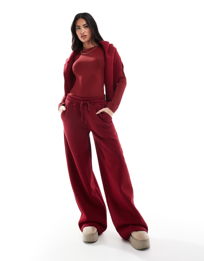 Miss Selfridge heavy fleece lined wide leg sweatpants in burgundy - part of a set Miss Selfridge