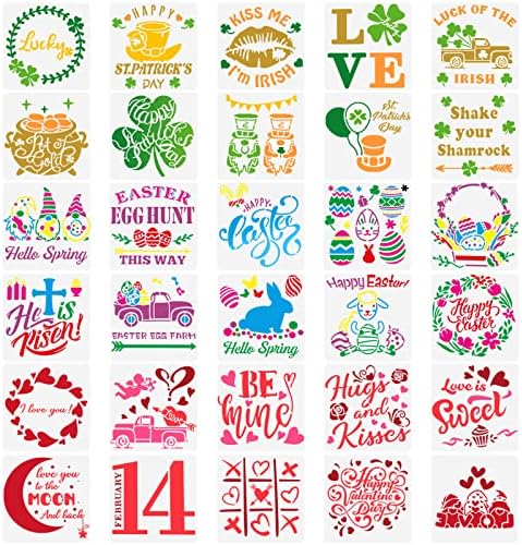 Chinco 30 Pieces Easter Stencil St Patrick's Day Stencil Drawing Stencils Valentine's Day Stencils Reusable Plastic Set 5 x 5 Inch Template Stencils for Easter Home DIY Festival Decor Chinco