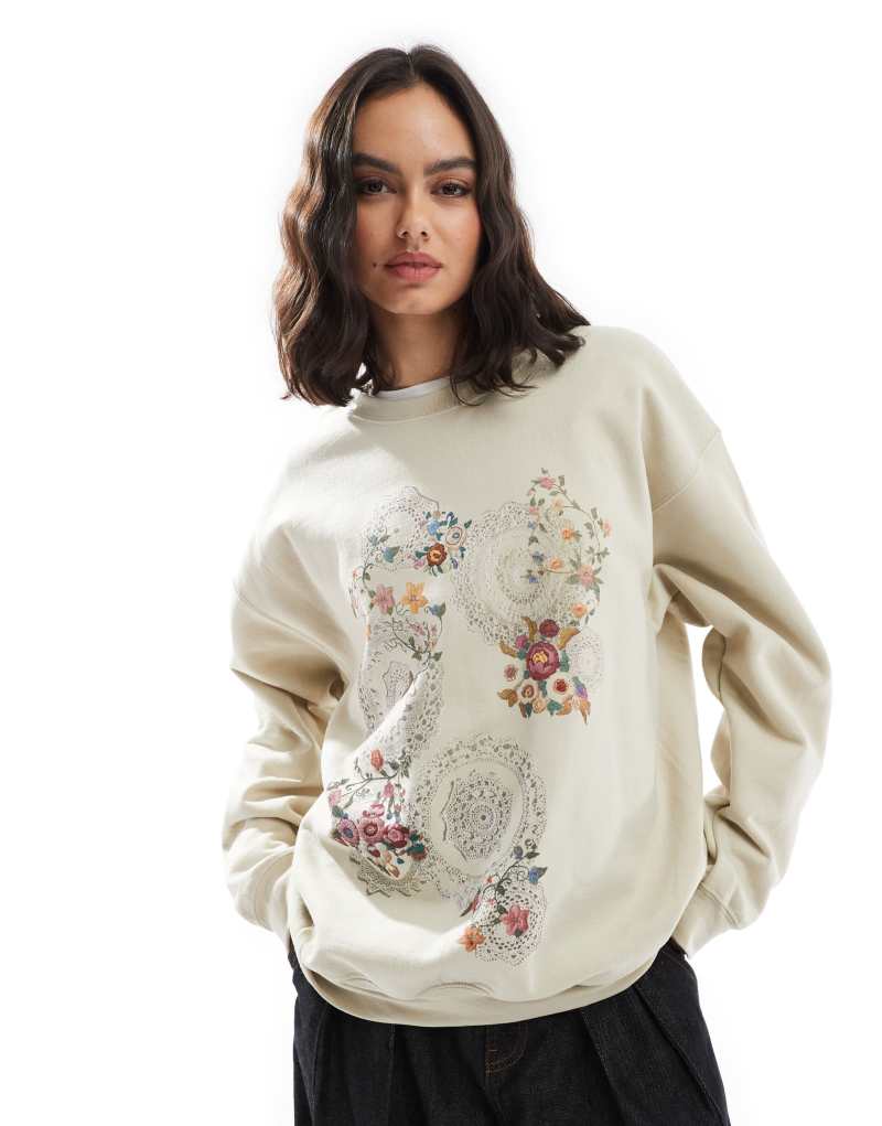 Miss Selfridge floral tapestry oversized sweatshirt in sand Miss Selfridge