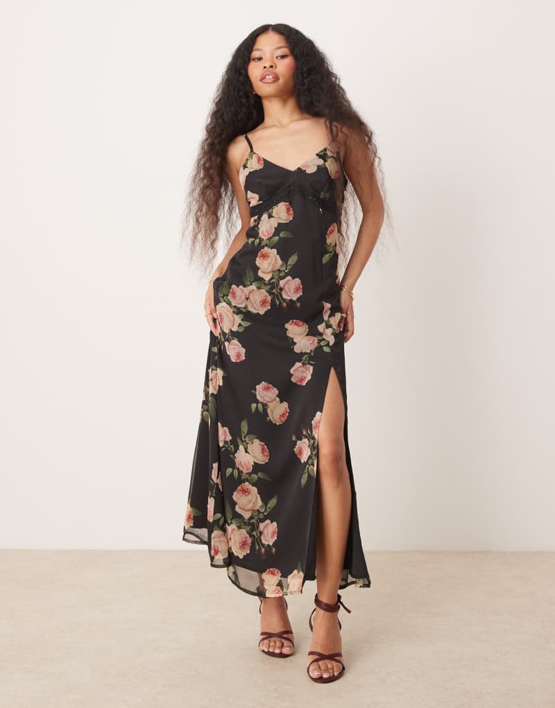 Miss Selfridge Petite chiffon lace trim maxi slip dress in oversized rose print Miss Selfridge