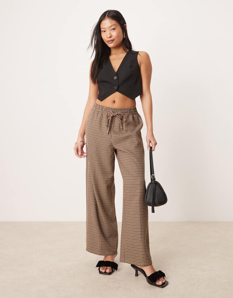 Miss Selfridge Petite tailored pull on pants in brown check Miss Selfridge