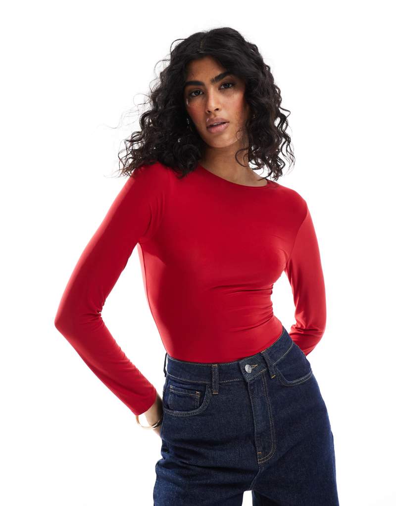 Miss Selfridge soft touch crew neck bodysuit in red Miss Selfridge