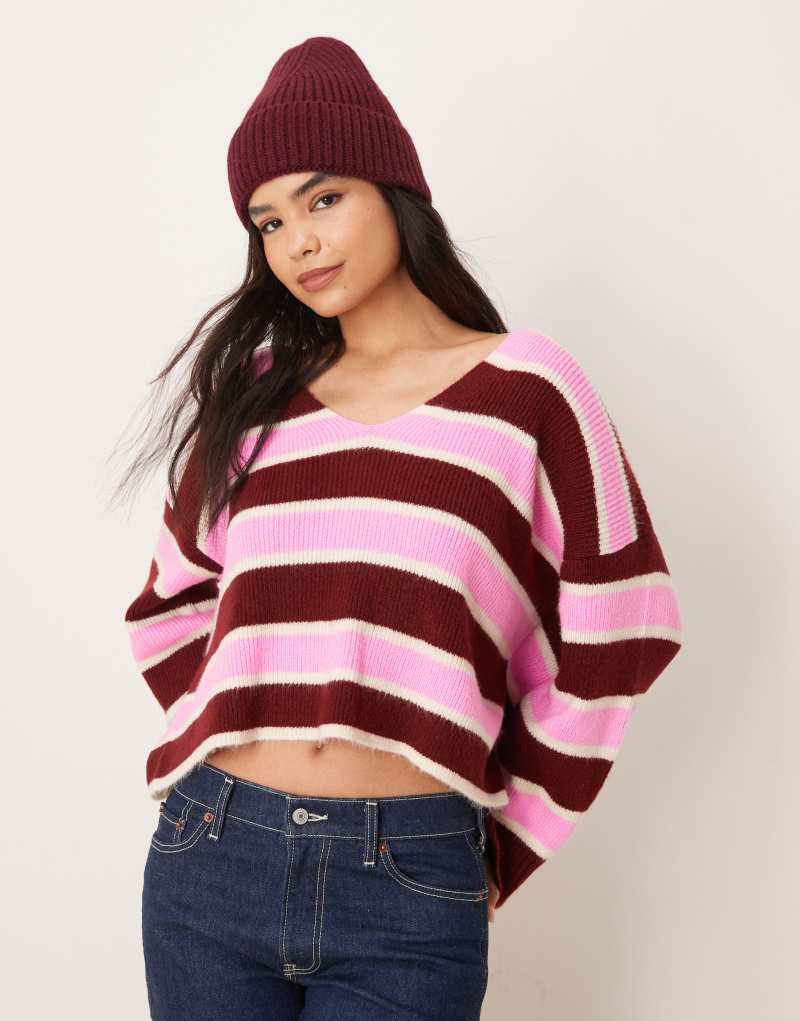 Miss Selfridge burgundy stripe v neck sweater Miss Selfridge