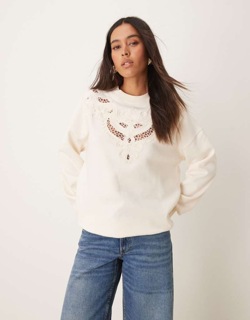 Miss Selfridge embroidery cut-out detail sweatshirt in ecru Miss Selfridge