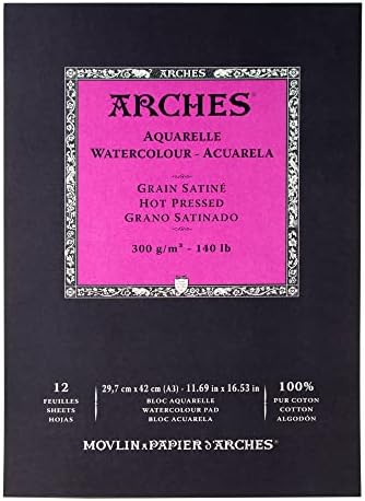 Arches Watercolor Pad 11.69x16.53-inch Natural White 100% Cotton Paper - 12 Sheet Arches Hot Press Watercolor Paper 140 lb Pad - Arches Art Paper for Watercolor Gouache Ink Acrylic and More Arches