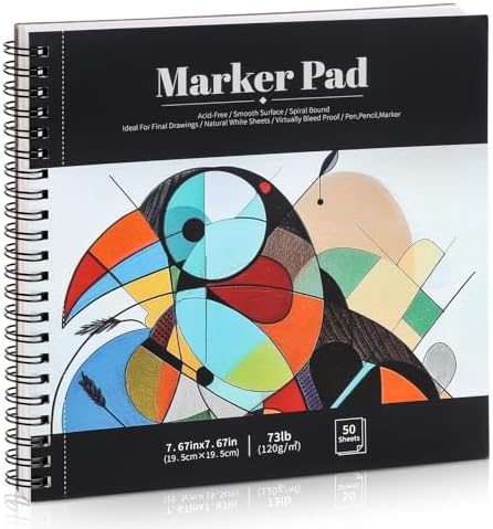 50 Sheets Marker Paper Pad, 7.6×7.6 Inch Bleedproof Art Sketch Pad, 73lb/120gsm Drawing Paper Spiral Sketch Book, Alcohol Marker Paper Painting Coloring Paper for Beginners, Artists, Gift, Christmas Prudiut