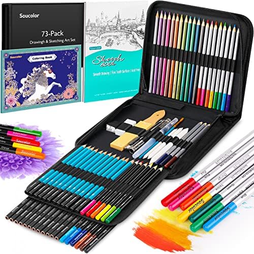 Soucolor 73 Pack Art Supplies Sketching Kit for Adults Kids Teen Gifts, School Supplies, Drawing Sketching Pencils with Sketchbook, Coloring Book, Colored Watercolor Metallic Graphite Charcoal Pencils Soucolor