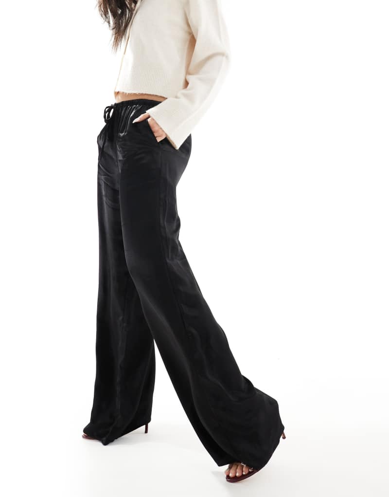 Miss Selfridge wide leg satin pants in black Miss Selfridge