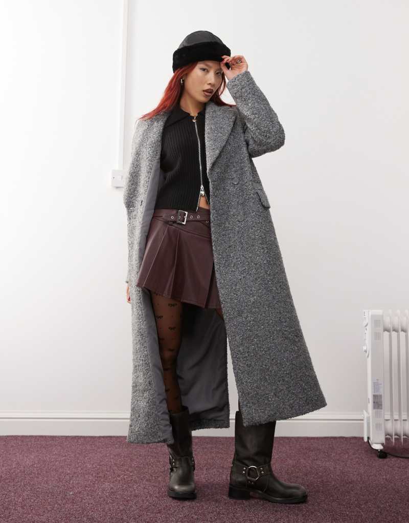 Monki textured long double breasted coat in gray Monki