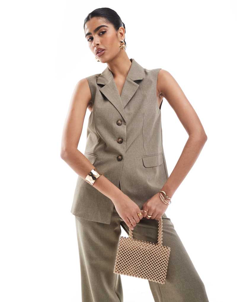 Miss Selfridge tailored longline vest in khaki - part of a set Miss Selfridge