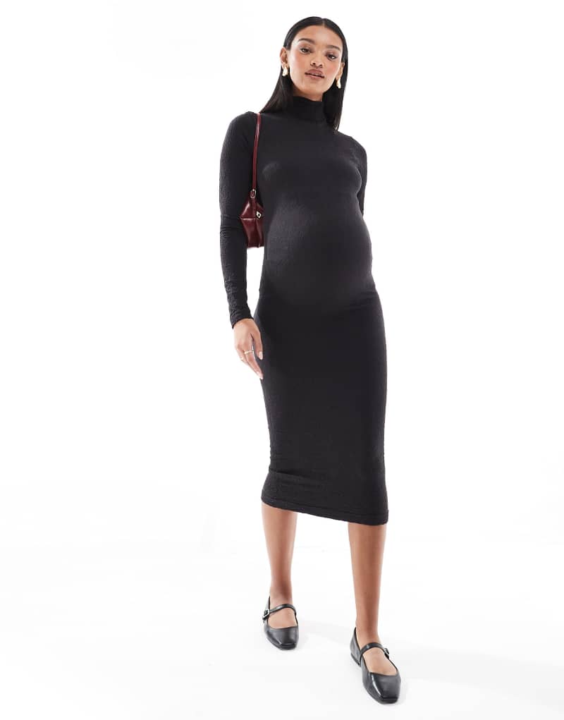 Mamalicious Maternity textured seamless midi dress in black Mamalicious