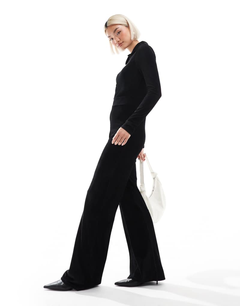 Miss Selfridge velvet rib long sleeve henley jumpsuit Miss Selfridge