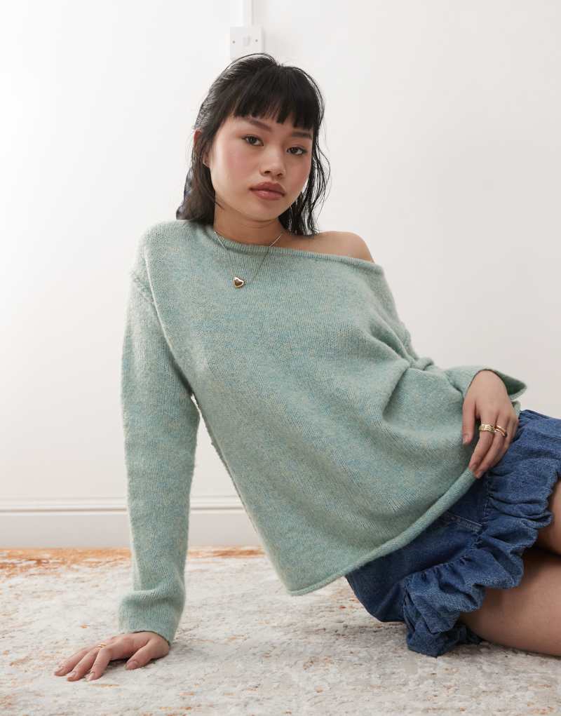 Miss Selfridge asymmetric off-the-shoulder slouchy cozy knit sweater in pale green Miss Selfridge