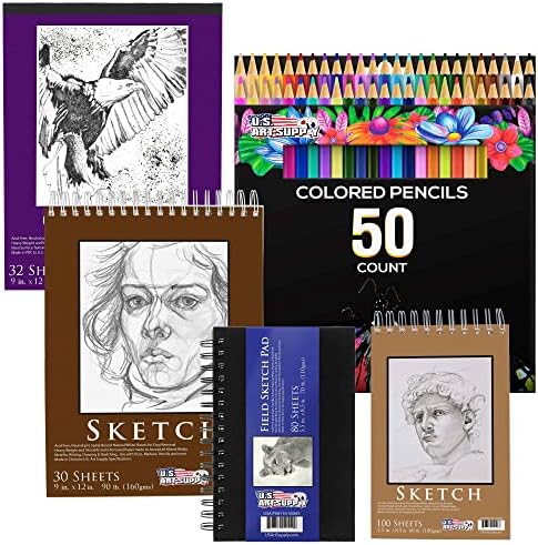 U.S. Art Supply Set of 4 Different Stylesof Sketching and Drawing Paper Pads (242 Sheets Total) - 2 Each 5.5" x 8.5" and 9" x 12" Premium Spiral Bound Sketch, Draw, Charcoal Pencil, Mixed Media Pads U.S. Art Supply