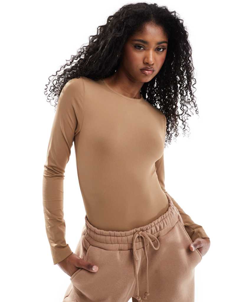 Miss Selfridge crew neck soft touch sweats bodysuit in mocha - part of a set Miss Selfridge