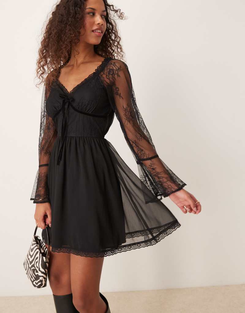 Miss Selfridge lace and chiffon mix mini dress in black Miss Selfridge