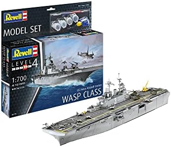 Revell Model Set 65178 US Navy Assault Carrier WASP Class 1:700 Scale Unbuilt/Unpainted Plastic Model Kit with Contacta Professional Glue, Paintbrush & Selected Aqua Color Paints Revell