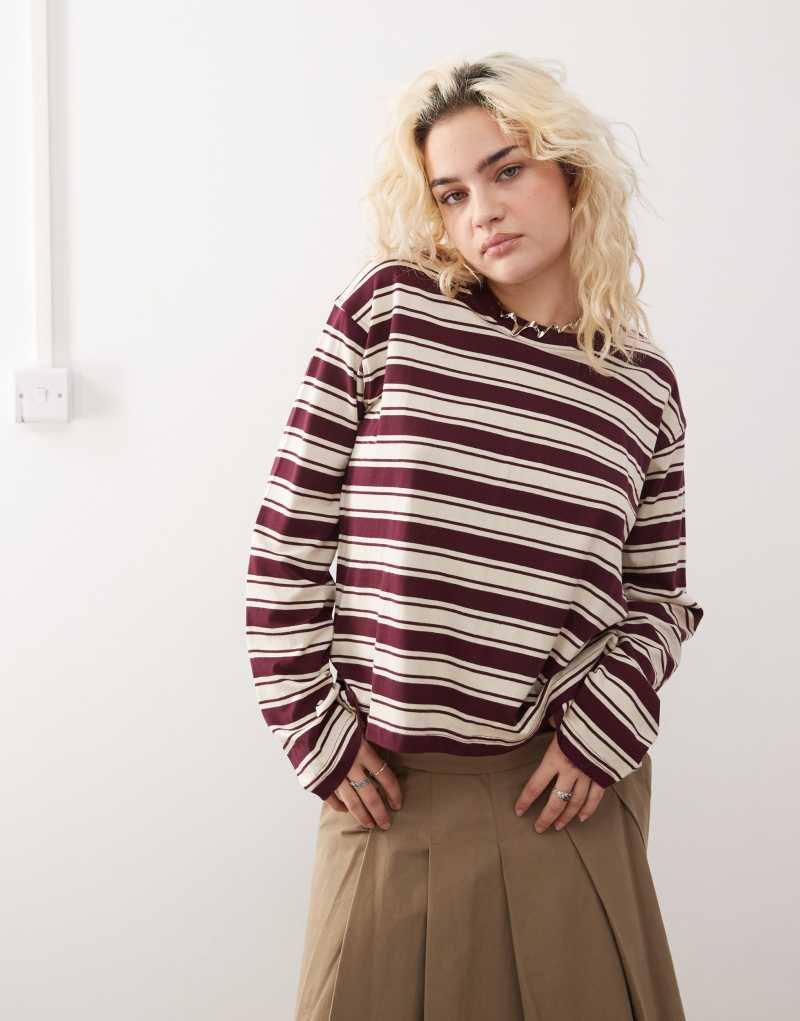 Monki long sleeve top in burgundy stripe  Monki