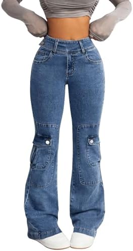 Women's High Waist Zipper Cargo Pants Casual Skinny Jeans Pants Trousers Flare Leg Denim Pants with Pocket Beaudrm