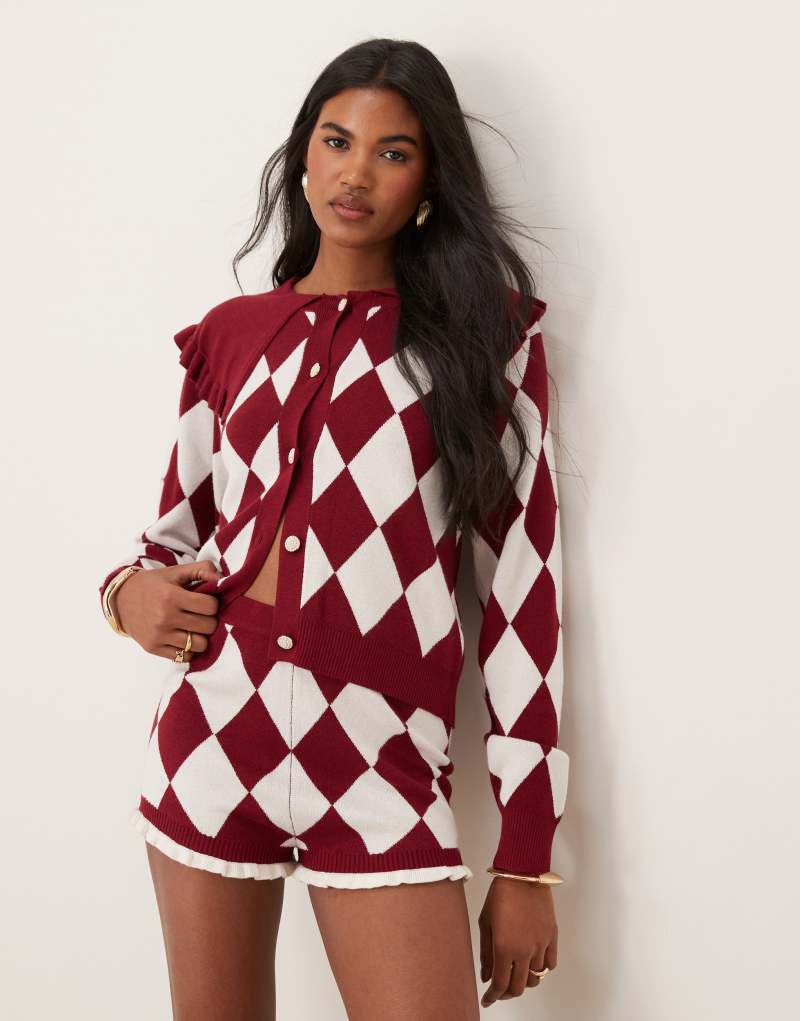 Neon Rose collar detail harlequin argyle cardigan in burgundy Neon Rose