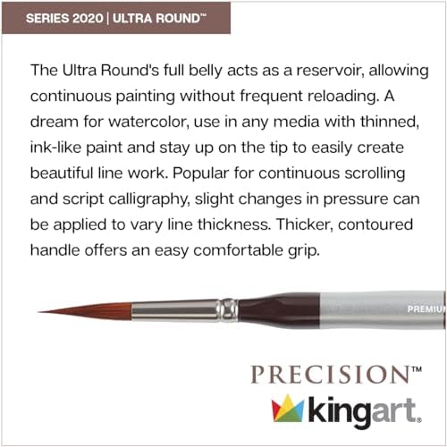 KINGART Premium Precision 2020-8 Ultra Round Series Artist Brush, Synthetic Amber Taklon, Short Ergonomic Comfort Handle, for Acrylic, Oil and Watercolor Paint, Size 8 Kingart