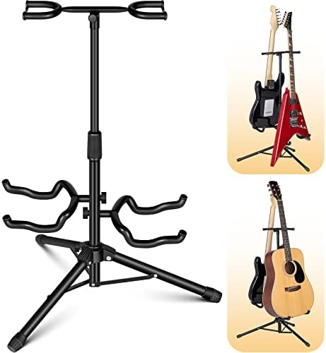 CAHAYA Guitar Stand Double Guitar Stand with Neck Holder Floor Stand Universal for Acoustic Electric Guitars Bass Banjos Folding Tripod Guitar Stands Holds 2 Guitars Together CAHAYA