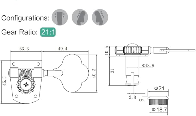Механические колки для бас-гитары Guyker (2R + 2L), с соотношением 1:21, открытые механизмы для электрогитары и джазового баса guyker