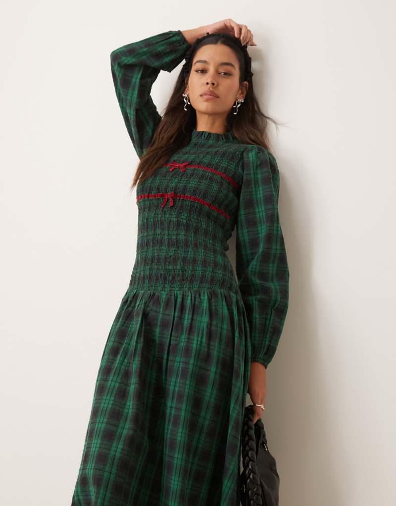 Neon Rose tartan shirred high neck midi dress in navy Neon Rose