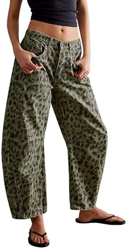 Cropped Pants for Women Cheetah Leopard Barrel Pants Mid Rise Y2k Boyfriend Vintage Wide Leg Baggy Denim Trousers with Pockets Safrisior