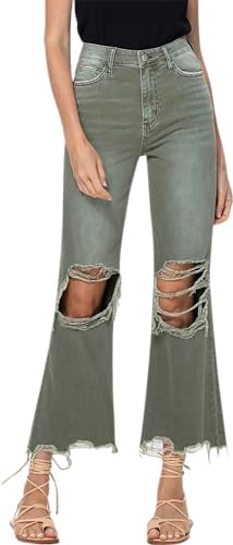 VERVET by Flying Monkey Distressed Cropped Flare Jeans Olive High-Waist Vervet