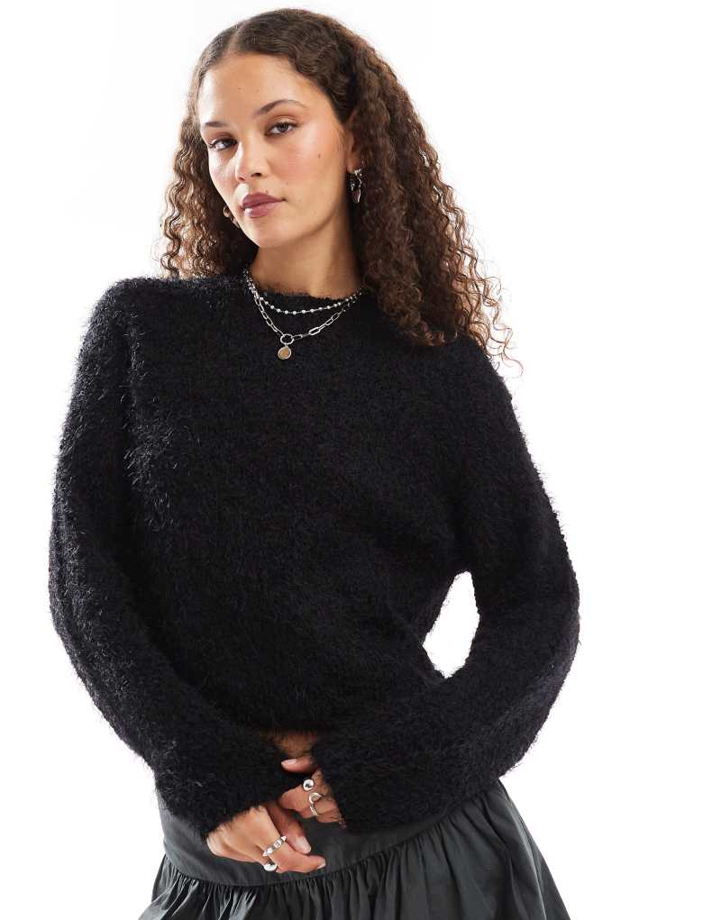 Noisy May crew neck fuzzy knit sweater in black Noisy May