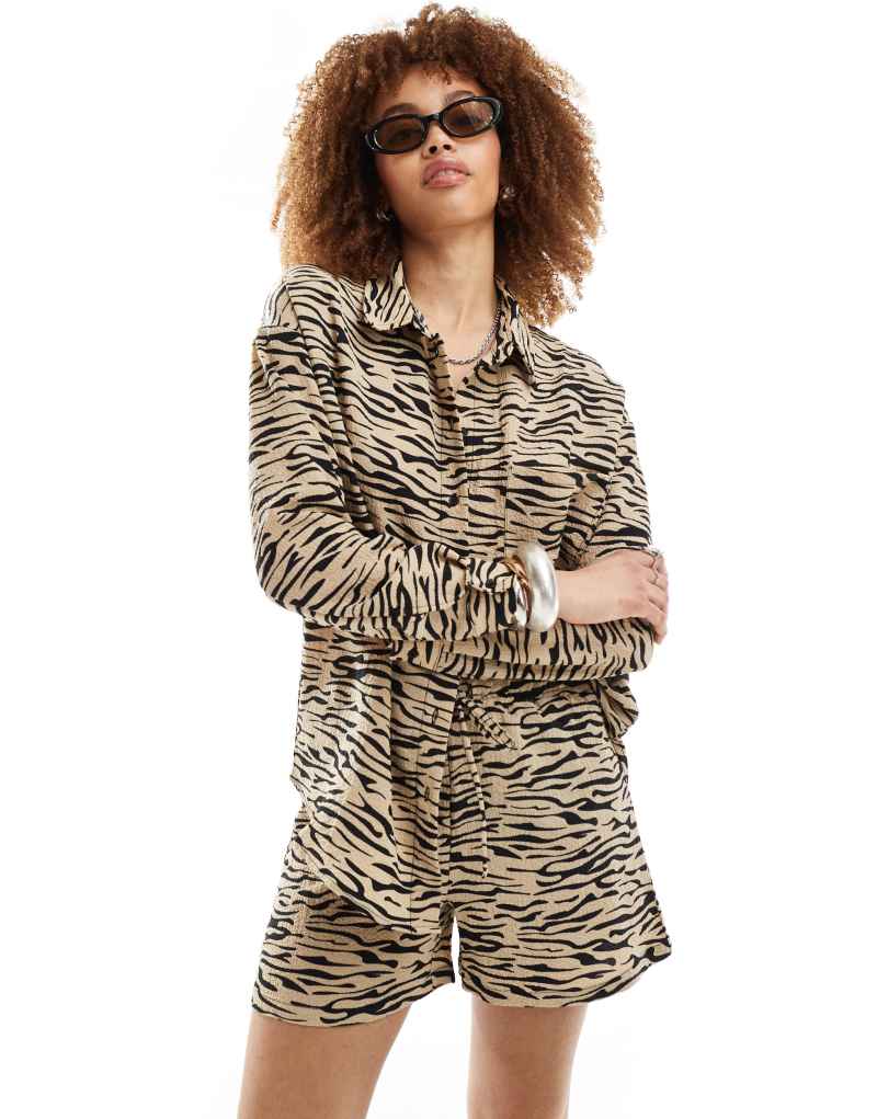 Noisy May oversized shirt in beige zebra print - part of a set Noisy May