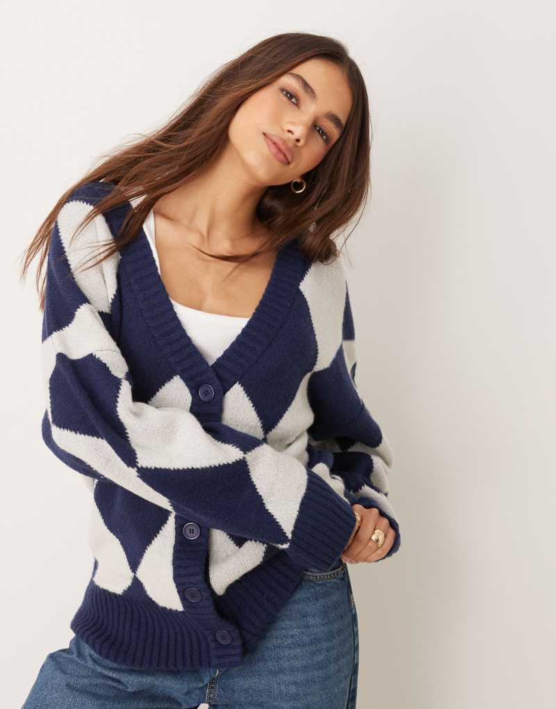 Neon Rose argyle longline cardigan in navy Neon Rose