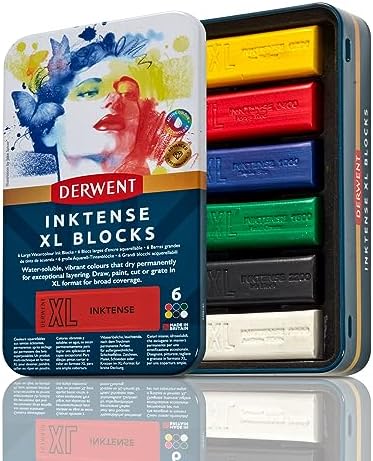 Derwent Inktense XL Blocks 6 Tin, Set of 6, 60mm Extra-Large Block, Water-soluble, Ideal for Sketching, Drawing and Expressive Mark Making, Professional Quality (2306161) Derwent